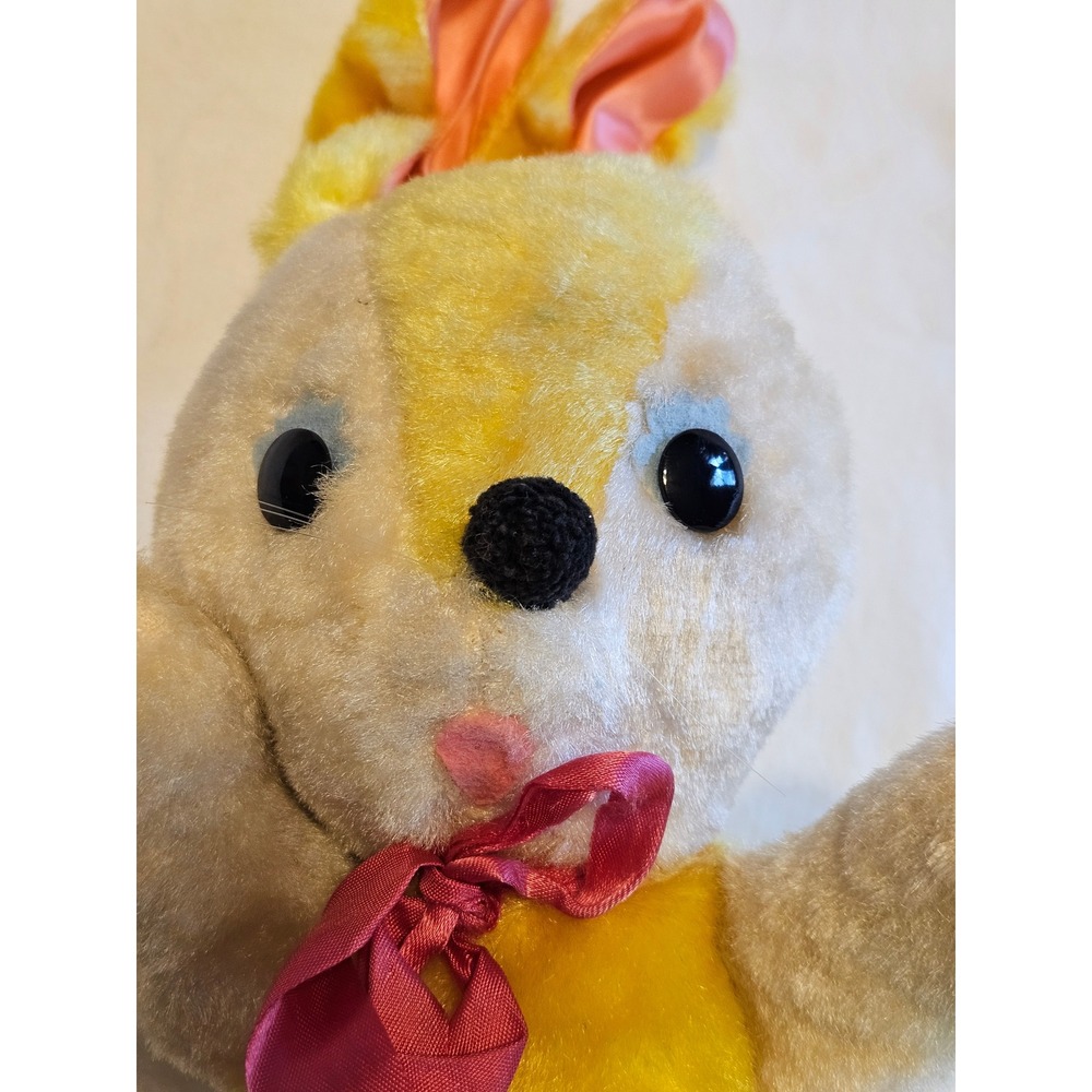 Vintage Plush Bunny‎ Rabbit Yellow Outfit Ribbon Toy Stuffed Animal Musical - Picture 3 of 4